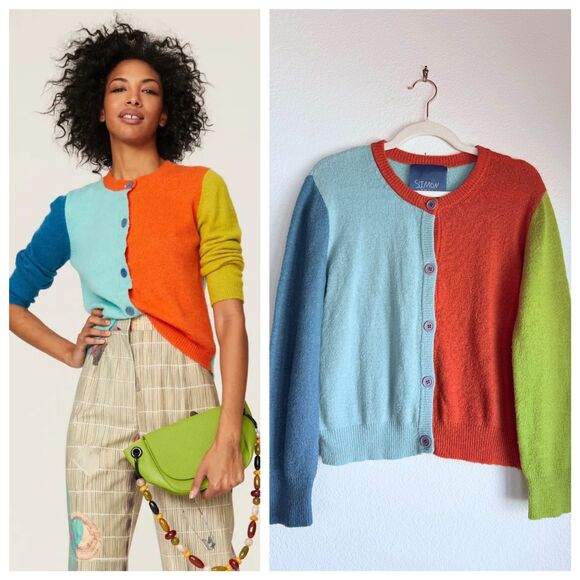 Simon Miller Didi Colorblock Cardigan Sweater in Blue, Orange & Yellow Size L - Picture 1 of 14